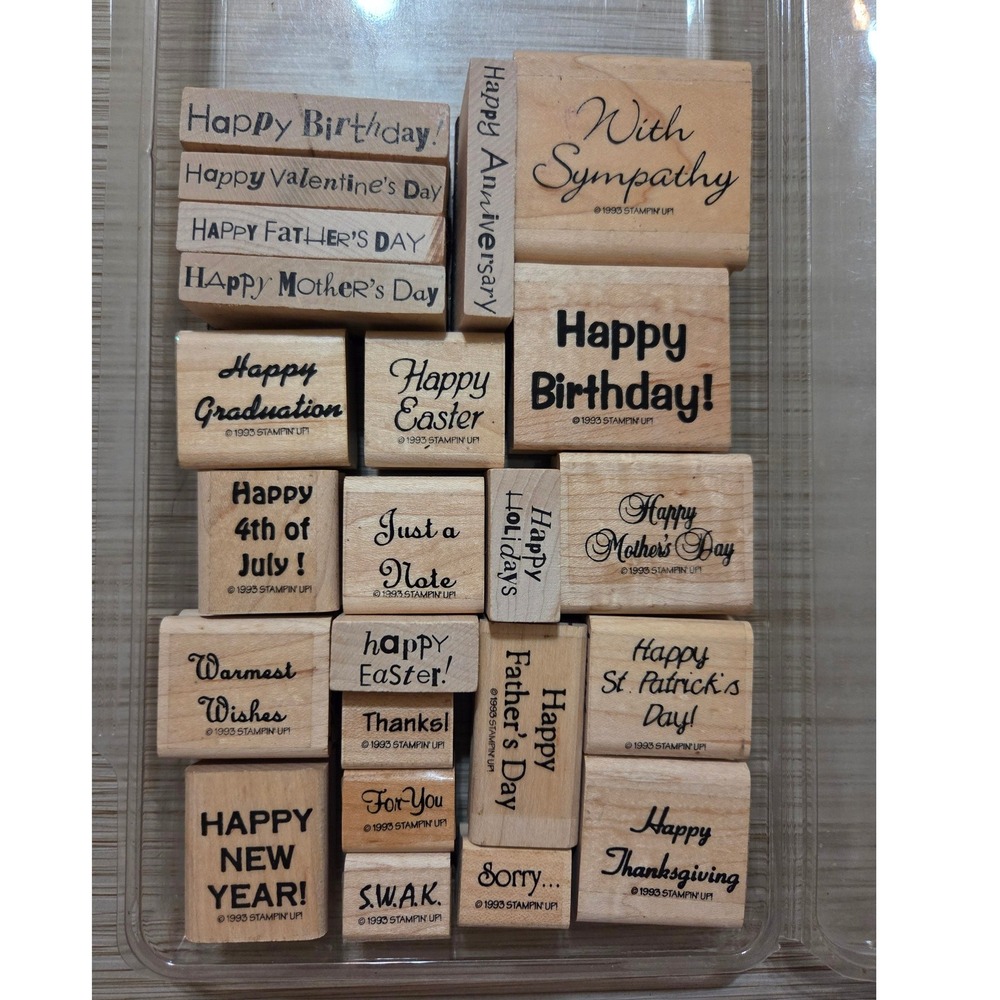 Vintage 1993 Stampin Up Wood Block Rubber Stamp Set 22pc Holiday Sentiments